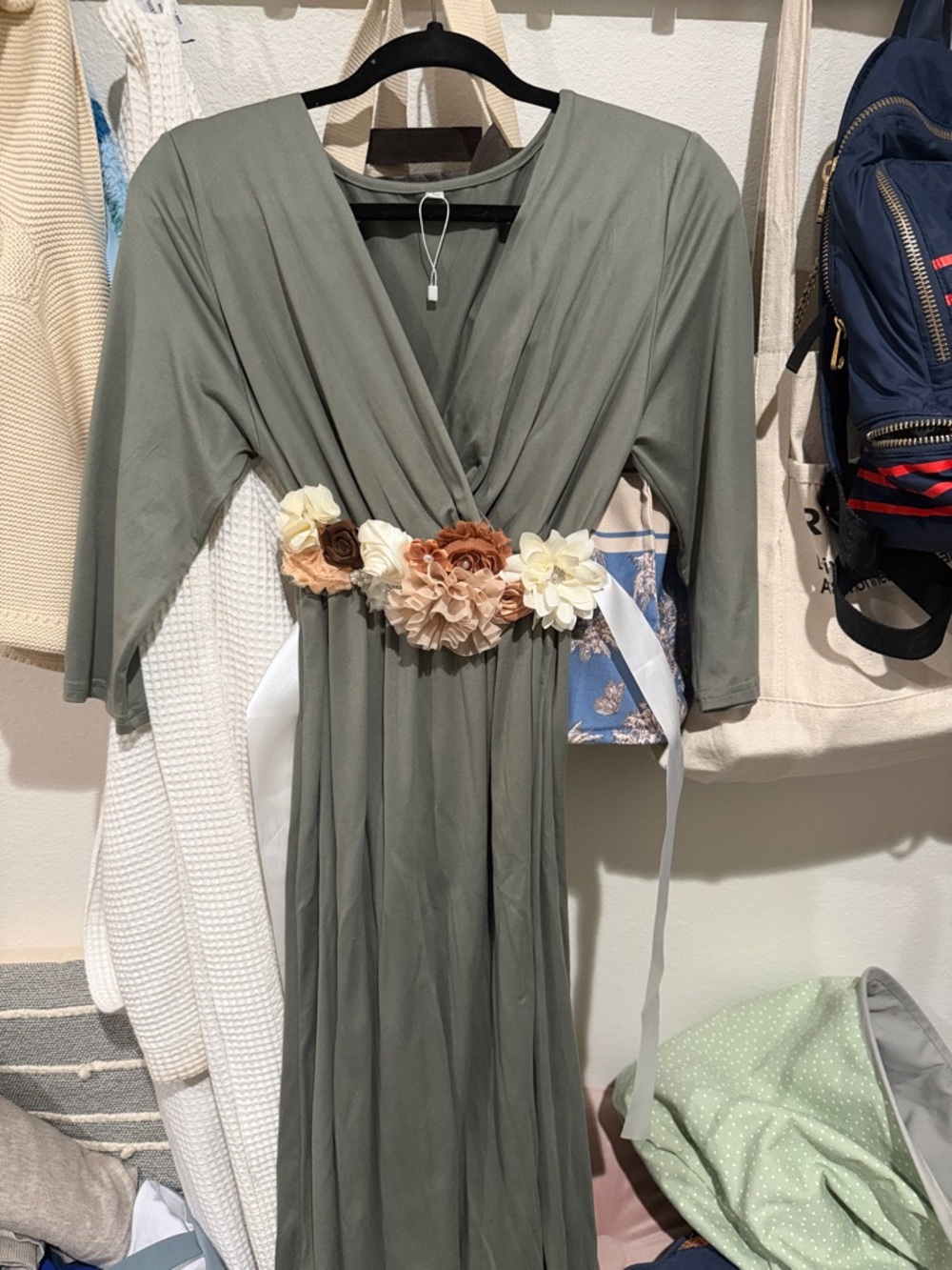 Olive Green Floral-Belt Maternity Maxi Dress